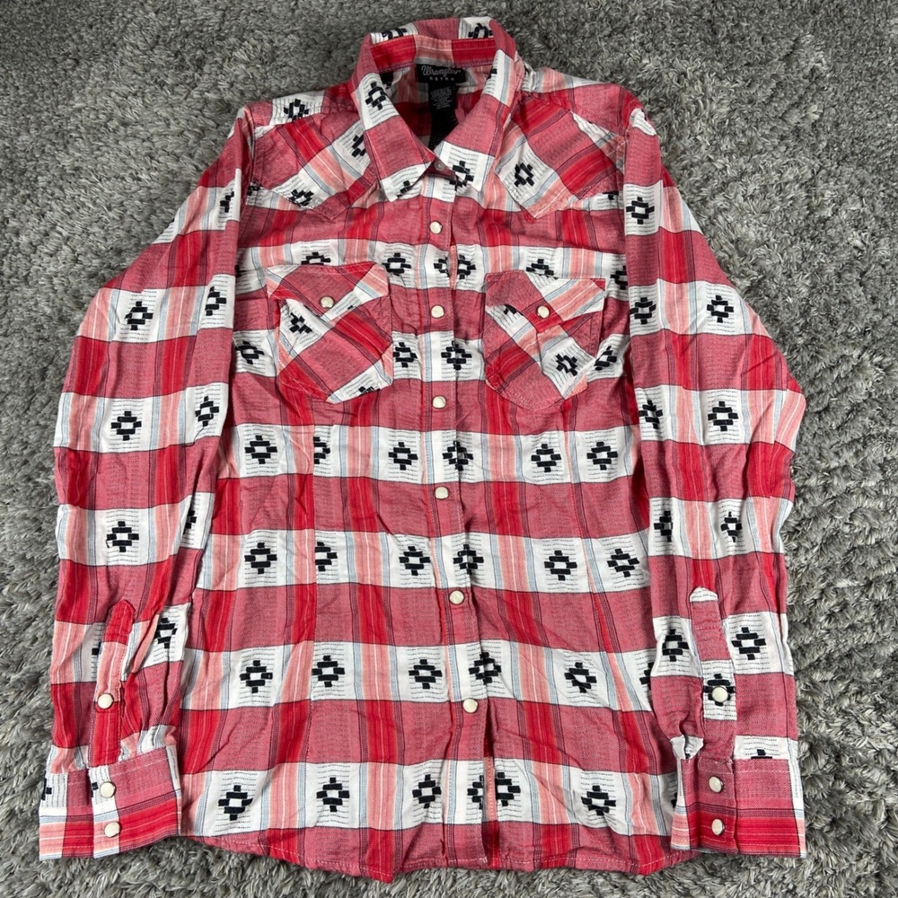 Wrangler Retro Western Pearl Snap Aztec Shirt Mens Medium Red White Plaid Retro